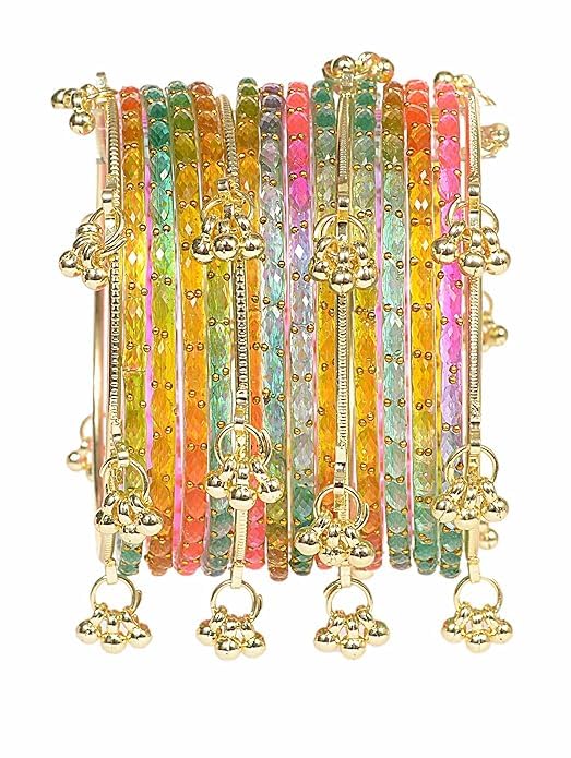 Kashmiri Ghangharoo Glass Bangle Set for Women| Light Weight Bangles | Traditional Transparent Fancy Glass Chudi Set for Wedding, Party(Set Of 16)
